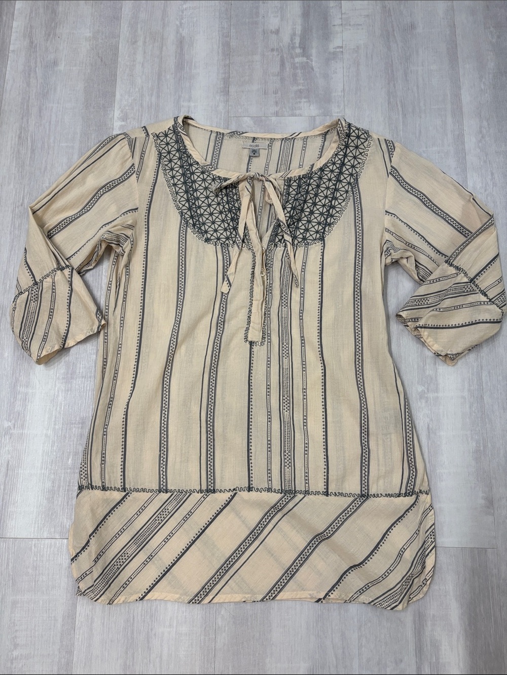 Ecote Beige & Gray Striped Tunic with Embroidered Yoke Small